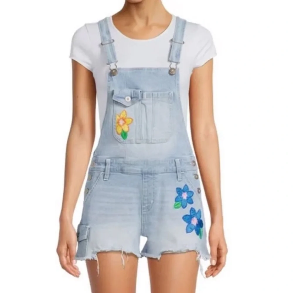 Floral Embroidered Denim Short Overalls